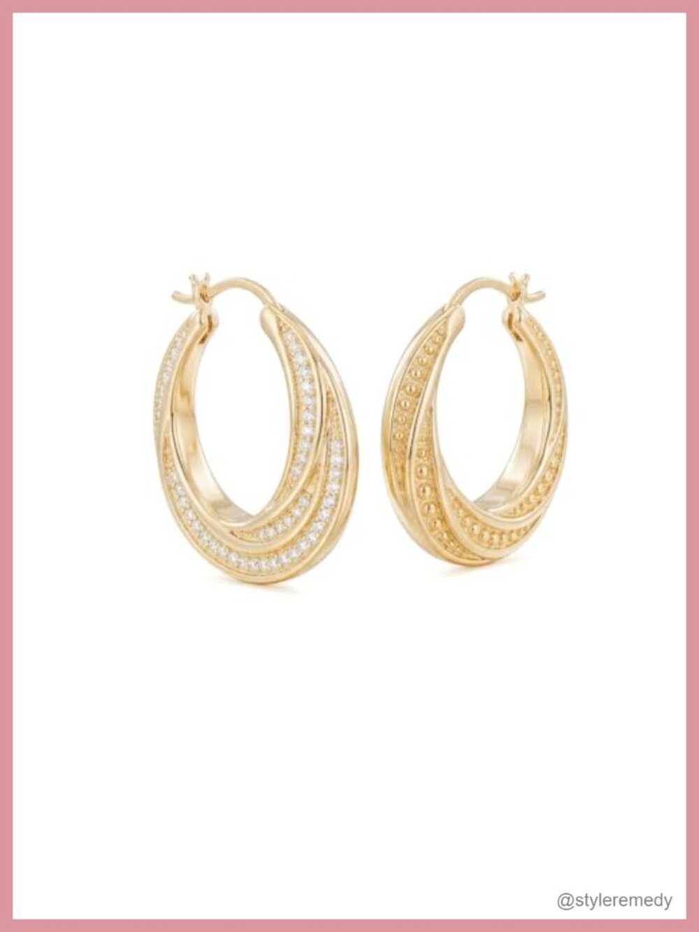 14K Gold Plated Twisted Double Row Hoop Earrings with Cubic Zirconia Snap